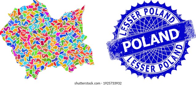 Lesser Poland Voivodeship map flat illustration. Spot collage map and rubber stamp seal for Lesser Poland Voivodeship. Sharp rosette blue seal with tag for Lesser Poland Voivodeship map.