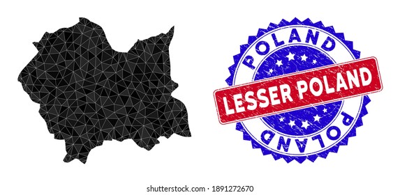 Lesser Poland Voivodeship map polygonal mesh with filled triangles, and scratched bicolor stamp seal. Triangle mosaic Lesser Poland Voivodeship map with mesh vector model,