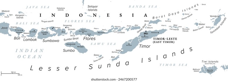 Lesser Sunda Islands, Indonesia, gray political map. Nusa Tenggara Islands, archipelago in Southeast Asia. Part of volcanic Sunda Arc. Bali, Lombok, Sumbawa, Sumba, Flores, Timor and smaller islands.