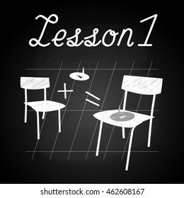 Lesson 1, joke with drawing pin on the class chair as mathematical expression, vector illustration