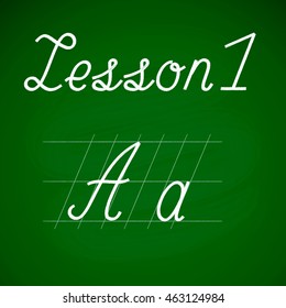 Lesson 1, samples in words, calligraphy teaching to handwriting letter A title and lowercase, vector illustration

