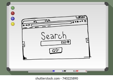 Lesson about SEO. Browser window with search bar. Hand drawn vector stock illustration on whiteboard