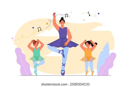 Lección en la escuela de ballet. La mujer enseña a las niñas a bailar. Hobbies y ocio. Capacitación y desarrollo de habilidades infantiles. Bailarines tutu. Ilustración vectorial plana aislada sobre fondo blanco