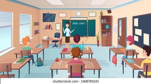 Lesson in classroom. Pupils at desks and teacher standing and pointing kids study near chalkboard vector cartoon background. Illustration of school education, lesson classroom