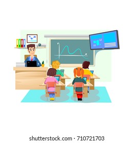 Lesson in classroom at school or college, teacher explains near desk in front of students, Children sit on chairs at their desks table to listen , education concept vector illustration