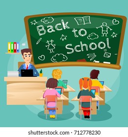 Lesson in classroom at school or college, teacher explains near desk in front of students, Children sit on chairs at their desks table to listen, education concept vector illustration