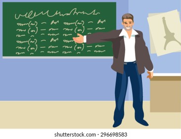 Lesson in the classroom. Teacher teaches the subject. School classroom and blackboard. Vector