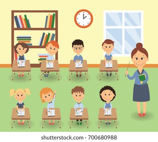 Lesson in elementary, primary school, kids studying and teacher teaching the class, flat cartoon vector illustration. Teacher teaching kids in classroom, elementary, primary school