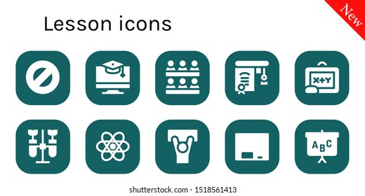 lesson icon set. 10 filled lesson icons.  Collection Of - Protractor, Education, Classroom, Blackboard, Chemistry, Demonstration icons