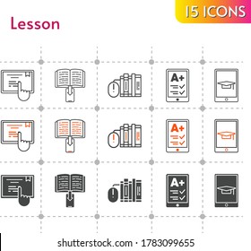lesson icon set. included e-reader, e-book, books, student, tablet, touchscreen icons on white background. linear, bicolor, filled styles.