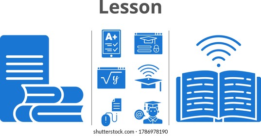 lesson icon set. included ereader, cap, student, maths, book, login, click icons. filled styles.