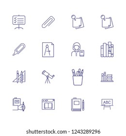 Lesson icons. Set of line icons. Teacher, stationary, blackboard, textbooks. Education concept. Vector illustration can be used for topics like studying, school, library