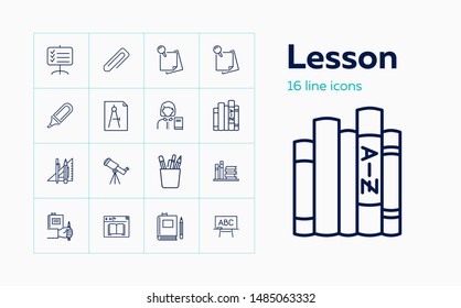 Lesson icons. Set of line icons. Teacher, stationary, blackboard, textbooks. Education concept. Vector illustration can be used for topics like studying, school, library