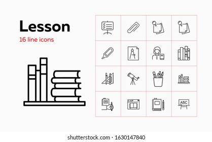 Lesson icons. Set of line icons. Teacher, stationary, blackboard, textbooks. Education concept. Vector illustration can be used for topics like studying, school, library