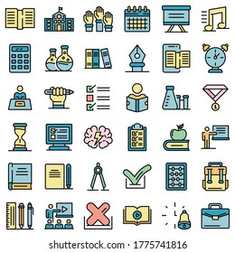 Lesson icons set. Outline set of lesson vector icons thin line color flat on white