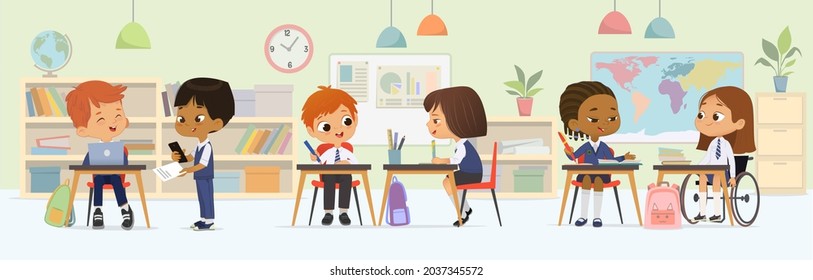 Lesson Inclusive School Uniform Classmates Sitting At Tables Studying Together Vector Flat. Girl In Wheelchair Learning At Multiracial Diverse Class With Schoolboy And Schoolgirl Educational Activity