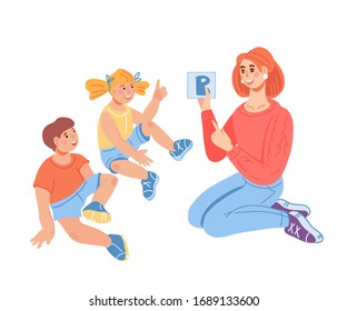 Lesson in kindergarten or primary school scene with children and teacher cartoon characters. Kids learning alphabet, education and early development concept. FLat cartoon vector illustration isolated.