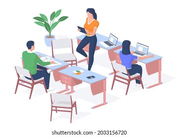 Lesson in modern college. Student examines map of world on desk. Teenager works laptop. Teacher with tablet checks assignments. Learning online gadgets and technology. Vector realistic isometry