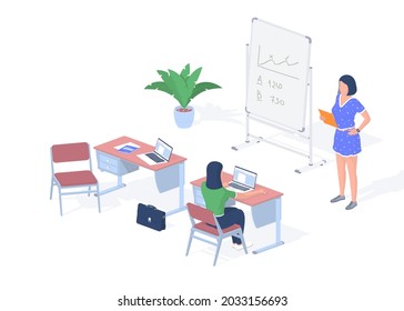 Lesson in modern digital classroom. Teenager with laptop sits desk. Teacher near blackboard with tablet giving lecture. Online technologies for successful learning. Vector realistic isometry
