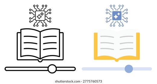 Lesson personalization icon. System node adjusting content sliders and book element. Adaptive learning symbol. Customized education process indicator. Simple geometric illustration.