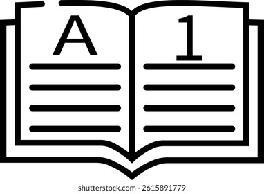 Lesson Plan Outline Icon, Design an open book with the word a and numbrer 1 written on it. in modern style