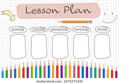 Lesson Plan template with name of days and color crayon smile and school pencil with rubber