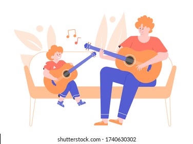 Lesson playing the guitar. Father and son make music. Home family concert. Children's hobbies and creativity. Cute flat characters.