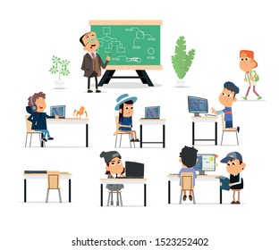 lesson in programming and robotics at school. the teacher and students in the class study robots and other innovations. vector illustration