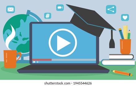 Lesson recording. Online training. Flat style. Interior, graduate hat, globe, coffee cup, notebook, books, pencils.