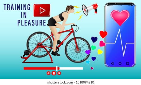 Lesson records trainings. A woman doing a workout on a bike-trainer and using mobile application to watch out her performance, side view, profile. Sport and recreation.  Realistic vector Illustration