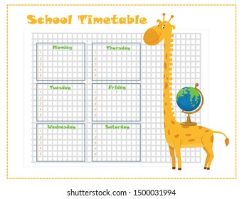 lesson schedule for school with a giraffe, vector illustration
