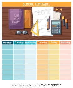 Lesson schedule template. School supplies, calculator, paper, glasses, ruler, pen, book and marker pens on table. Vector Illustration
