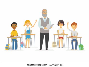 Lesson at school - cartoon people characters illustration with a standing teacher and happy children raising hands. Classroom with desks, chairs, bags. Perfect as a card, banner, poster
