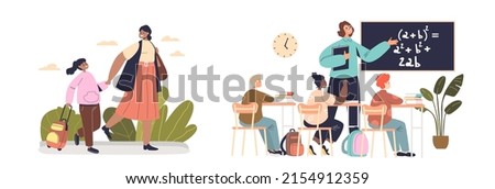 Lesson and school education set with parent walking schoolchild to school and class in classroom studying. Teaching and learning. Cartoon flat vector illustration