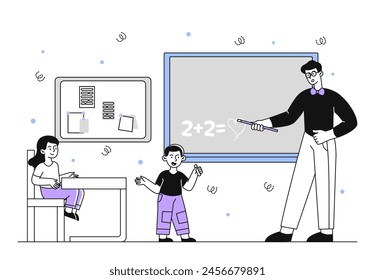 Lección en la escuela lineal. Maestra con niños en edad preescolar en la escuela. Hombre con puntero cerca de pizarra con ecuación matemática. Educación y aprendizaje. Doodle Ilustración vectorial plana aislada sobre fondo blanco