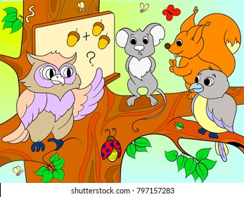 Lesson in the school of an owl in the woods color book for children cartoon vector illustration. Mouse, class, squirrel, sparrow
