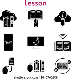 lesson set. included cloud, student-smartphone, feedback, ebook, books, book, information, click, microscope icons. filled styles.