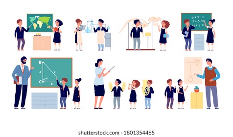 Lesson With Teacher. Children Classroom, Happy School Teaching. Cute Kids Group Stand Blackboard, Isolated Music Pupils Vector Illustration