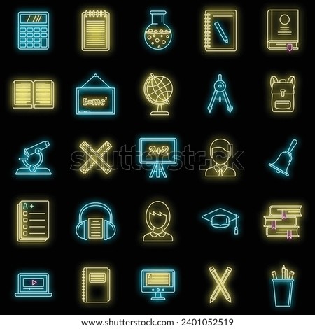 Lesson teacher icons set. Outline set of lesson teacher vector icons neon color on black