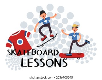 Lessons and courses, classes for beginners in skateboarding. Teens and preteens on boards wearing special uniforms of club. Practicing and learning tricks in school with coach. Vector in flat style