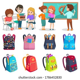 Lessons or hobby clubs and schoolbags, school kids vector. Backpacks or rucksacks, literature and geometry, books and chalkboard, ruler and reading. Back to school concept. Flat cartoon