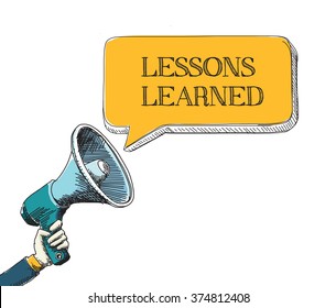 LESSONS LEARNED  word in speech bubble with sketch drawing style