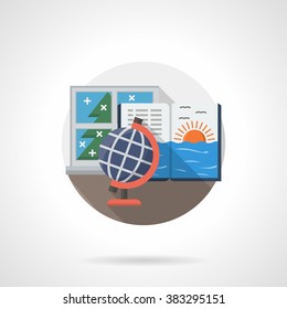 Lessons of natural study at school. Globe, open book with sea sunset. School table near a window. Single detailed flat color style vector icon. Web design elements for business, site, mobile app. 