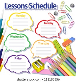 Lessons schedule on white background. Speech bubbles, buttons, paper clips, pencils, rulers. Grouped for easy editing.