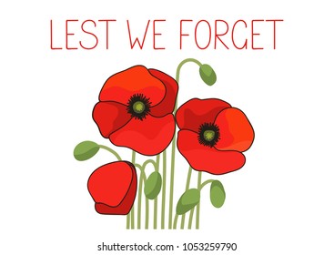 Lest we forget. Poppies on white background. Vector illustration.