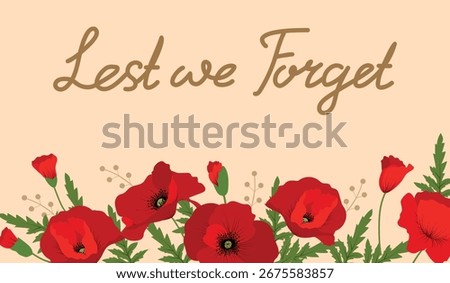 Lest we forget. Remembrance Day horizontal card.Botanical vector illustration in hand drawn style for posters, postcards, banners, design elements