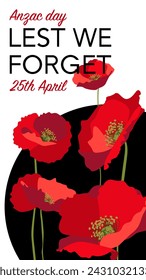 Lest we forget vertical stories social template layout with red poppies on white background