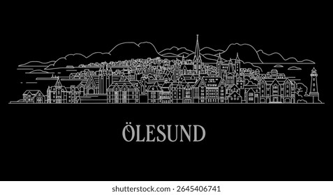 lesund Norway Skyline with Cityscape, Vector, and Black.