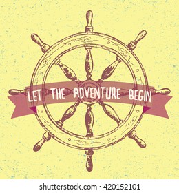 Let the adventure begin. Hand drawn illustration of wheel. Vector design element of ship in line art style with engraved elements. Tattoo isolated on vintage background. Old rough obsolete big circle