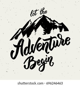Let the adventure begin. Hand drawn lettering on white background. Design element for poster, card. Vector illustration - Shutterstock ID 696246463